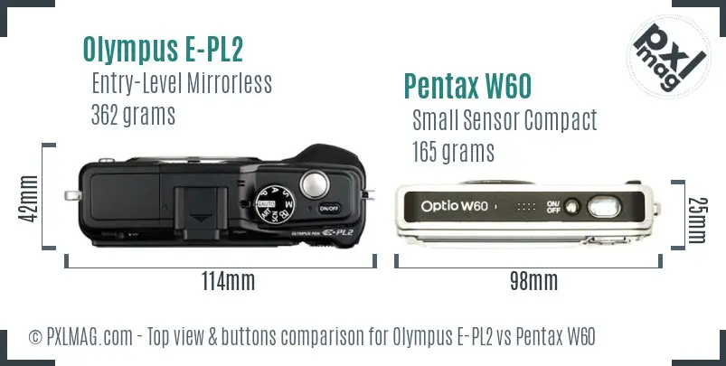 Olympus E-PL2 vs Pentax W60 top view buttons comparison