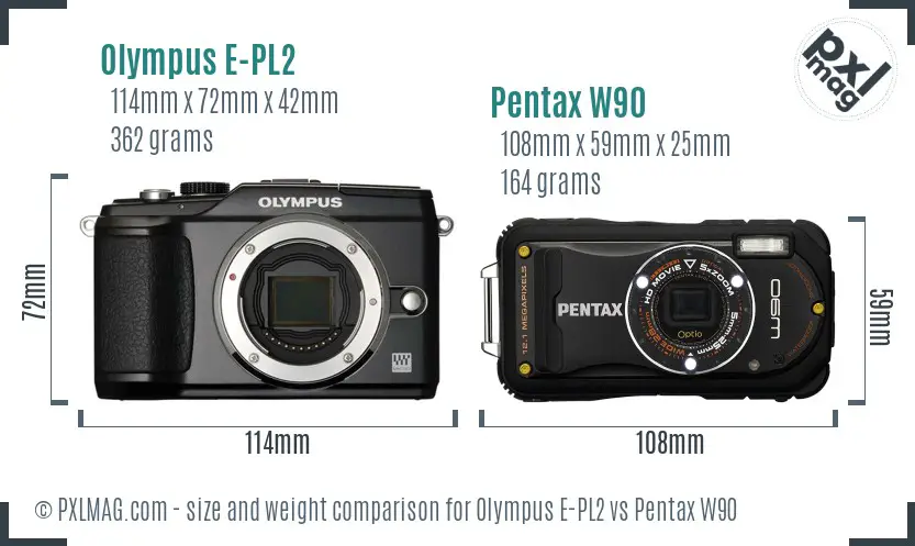 Olympus E-PL2 vs Pentax W90 size comparison
