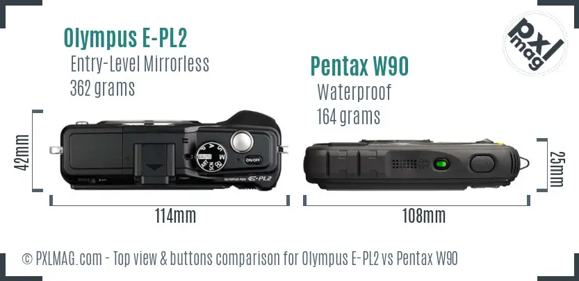 Olympus E-PL2 vs Pentax W90 top view buttons comparison