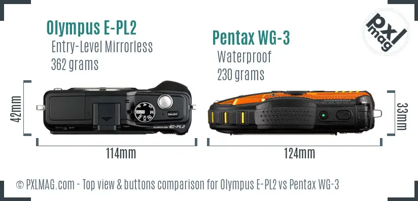 Olympus E-PL2 vs Pentax WG-3 top view buttons comparison