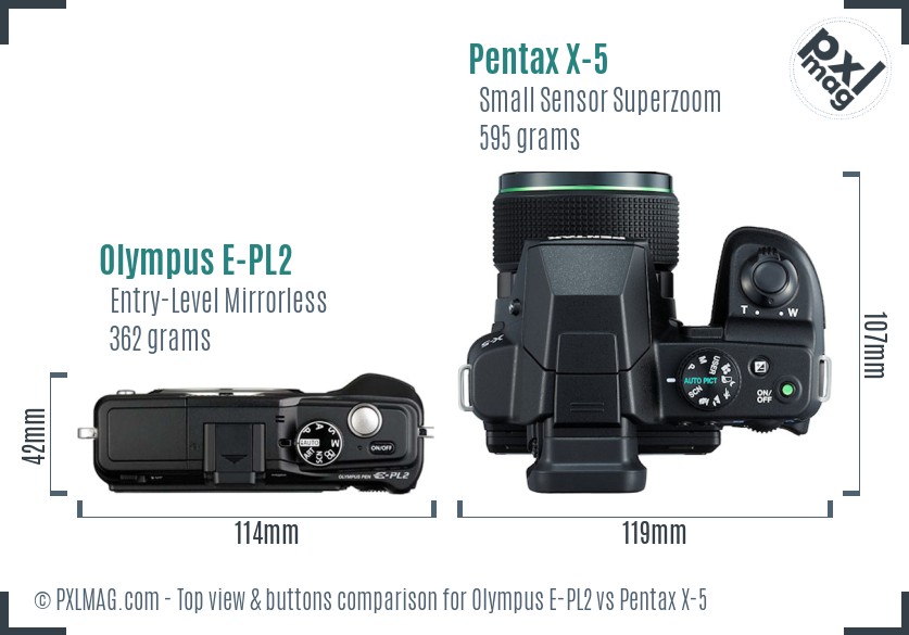 Olympus E-PL2 vs Pentax X-5 top view buttons comparison