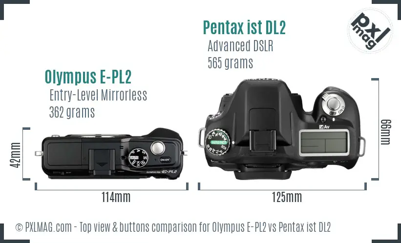 Olympus E-PL2 vs Pentax ist DL2 top view buttons comparison