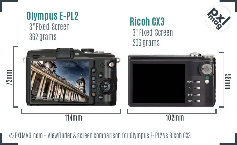 Olympus E-PL2 vs Ricoh CX3 Screen and Viewfinder comparison