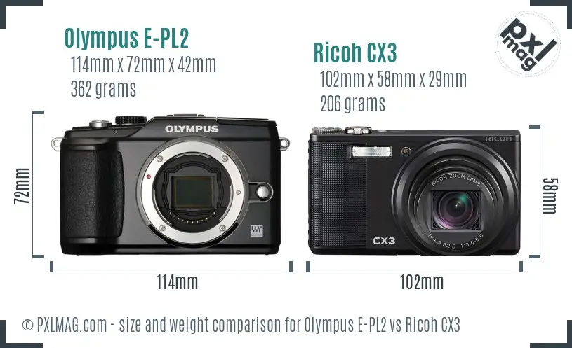 Olympus E-PL2 vs Ricoh CX3 size comparison