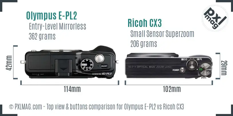 Olympus E-PL2 vs Ricoh CX3 top view buttons comparison
