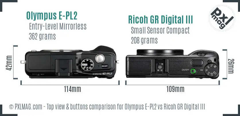 Olympus E-PL2 vs Ricoh GR Digital III top view buttons comparison