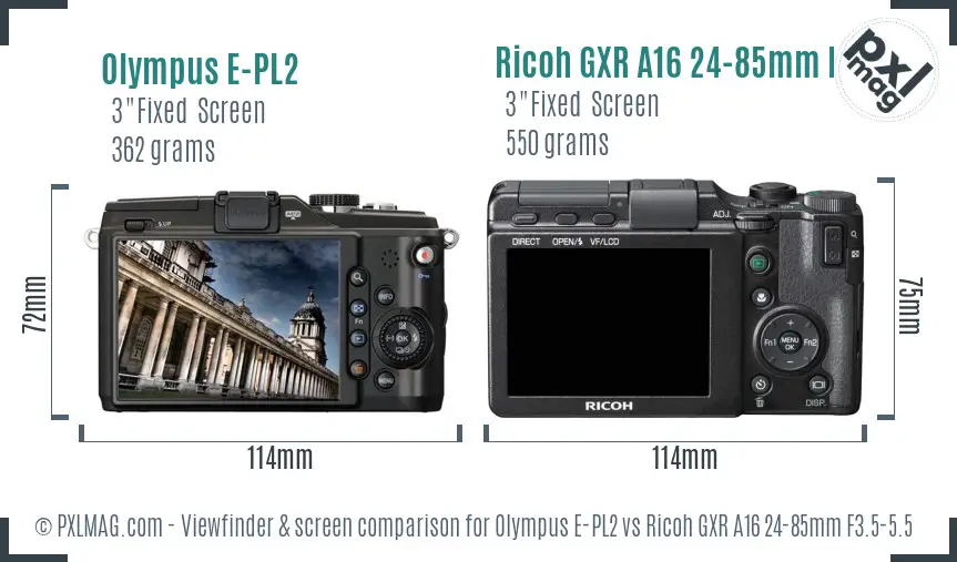 Olympus E-PL2 vs Ricoh GXR A16 24-85mm F3.5-5.5 Screen and Viewfinder comparison