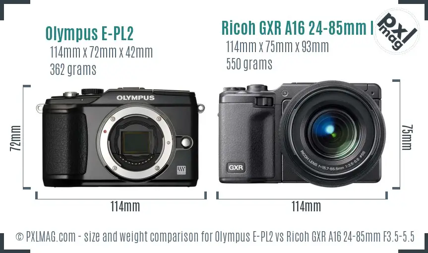 Olympus E-PL2 vs Ricoh GXR A16 24-85mm F3.5-5.5 size comparison