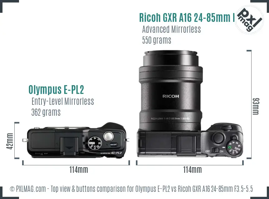 Olympus E-PL2 vs Ricoh GXR A16 24-85mm F3.5-5.5 top view buttons comparison