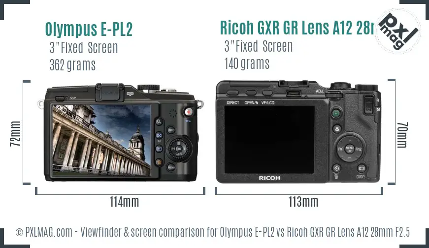 Olympus E-PL2 vs Ricoh GXR GR Lens A12 28mm F2.5 Screen and Viewfinder comparison