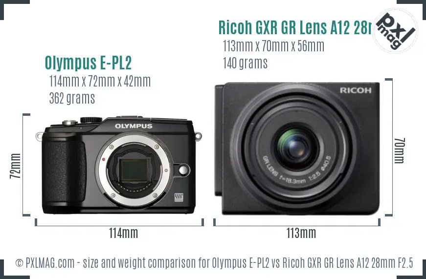 Olympus E-PL2 vs Ricoh GXR GR Lens A12 28mm F2.5 size comparison
