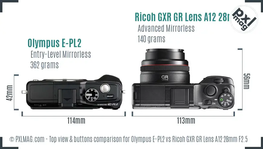 Olympus E-PL2 vs Ricoh GXR GR Lens A12 28mm F2.5 top view buttons comparison