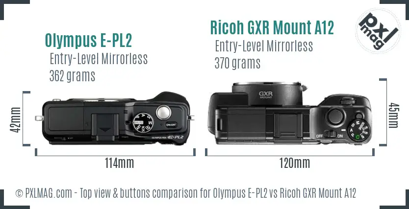 Olympus E-PL2 vs Ricoh GXR Mount A12 top view buttons comparison