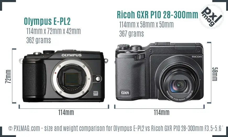 Olympus E-PL2 vs Ricoh GXR P10 28-300mm F3.5-5.6 VC size comparison