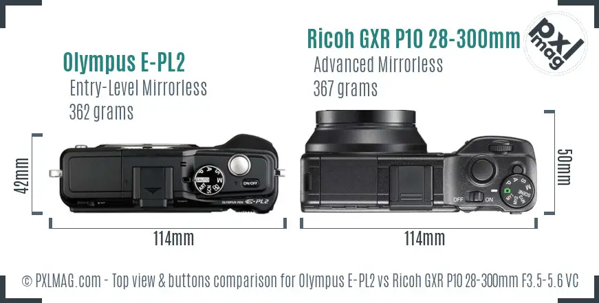 Olympus E-PL2 vs Ricoh GXR P10 28-300mm F3.5-5.6 VC top view buttons comparison