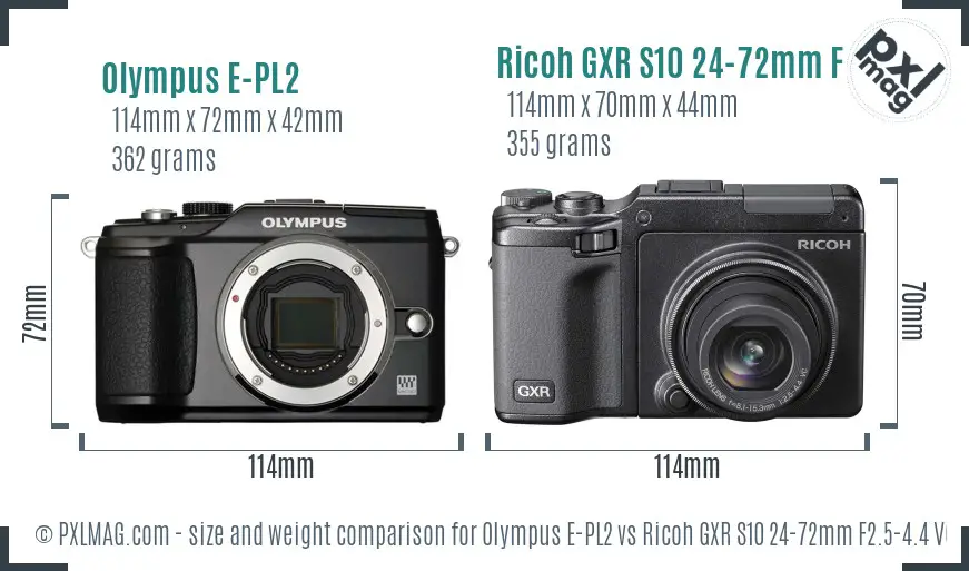 Olympus E-PL2 vs Ricoh GXR S10 24-72mm F2.5-4.4 VC size comparison