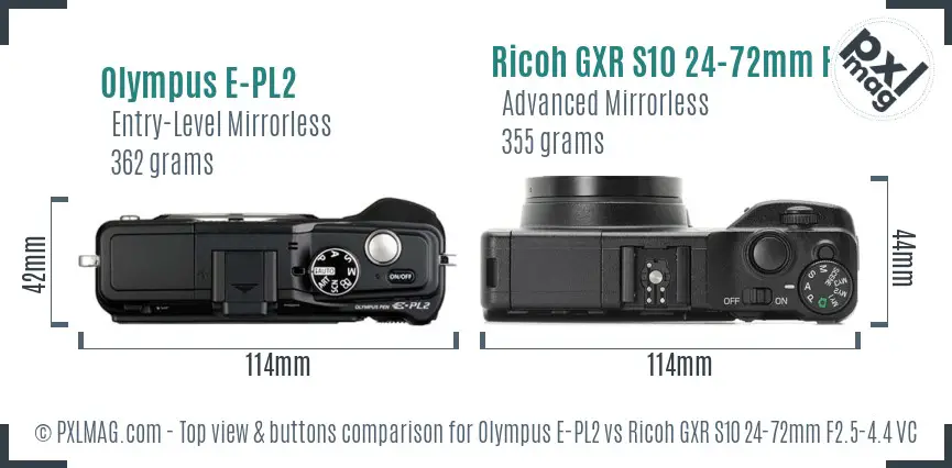 Olympus E-PL2 vs Ricoh GXR S10 24-72mm F2.5-4.4 VC top view buttons comparison