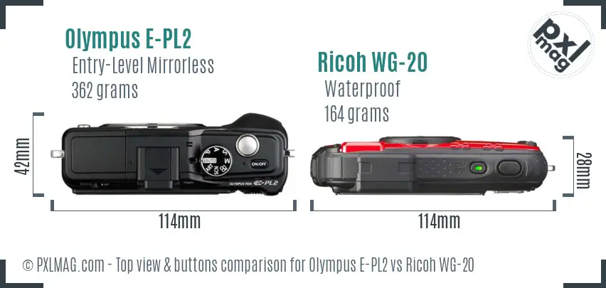 Olympus E-PL2 vs Ricoh WG-20 top view buttons comparison