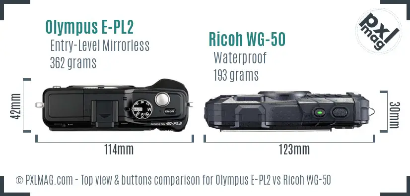 Olympus E-PL2 vs Ricoh WG-50 top view buttons comparison