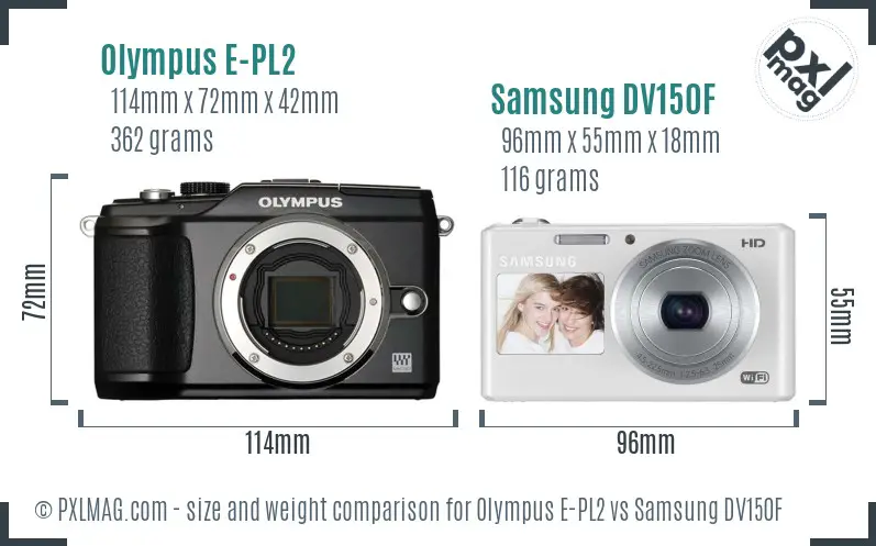 Olympus E-PL2 vs Samsung DV150F size comparison
