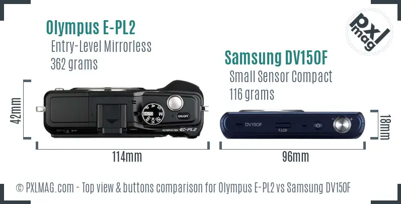 Olympus E-PL2 vs Samsung DV150F top view buttons comparison