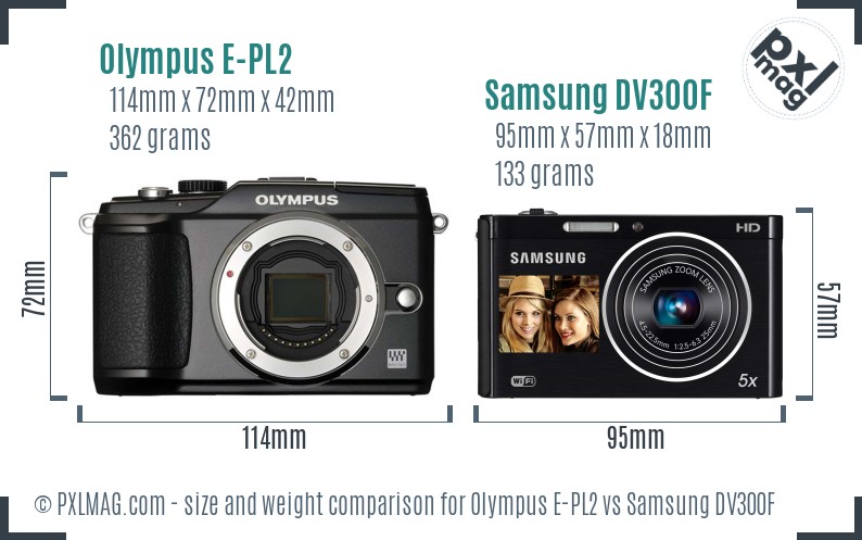 Olympus E-PL2 vs Samsung DV300F size comparison