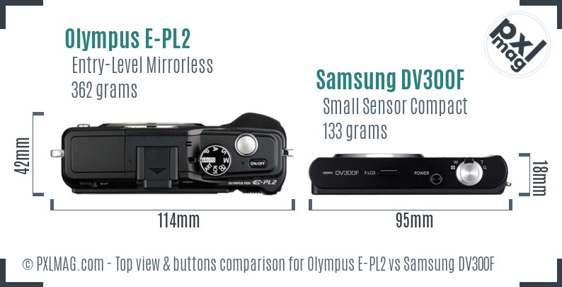 Olympus E-PL2 vs Samsung DV300F top view buttons comparison