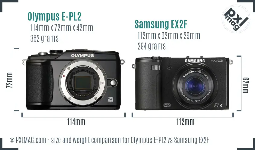 Olympus E-PL2 vs Samsung EX2F size comparison Olympus E-PL2 vs Samsung EX2F size comparison