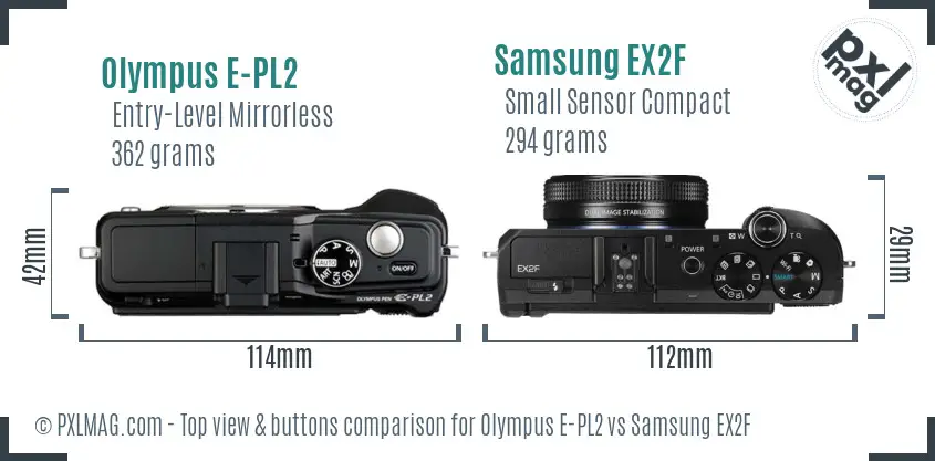 Olympus E-PL2 vs Samsung EX2F top view buttons comparison Olympus E-PL2 vs Samsung EX2F top view buttons comparison
