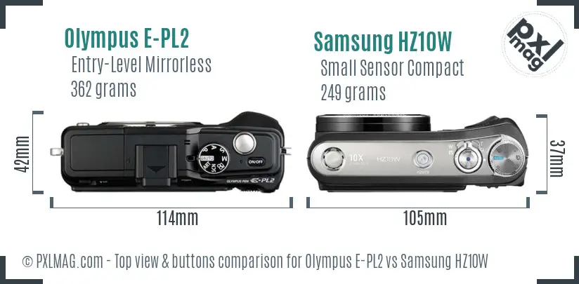 Olympus E-PL2 vs Samsung HZ10W top view buttons comparison