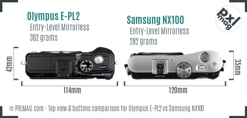Olympus E-PL2 vs Samsung NX100 top view buttons comparison