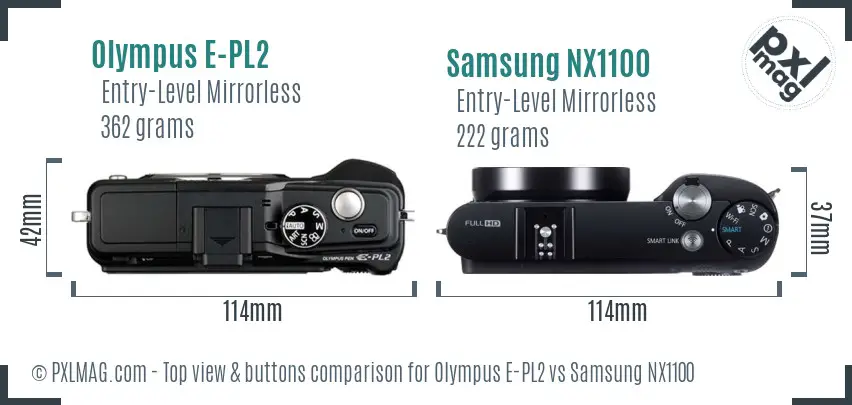 Olympus E-PL2 vs Samsung NX1100 top view buttons comparison