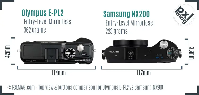 Olympus E-PL2 vs Samsung NX200 top view buttons comparison Olympus E-PL2 vs Samsung NX200 top view buttons comparison