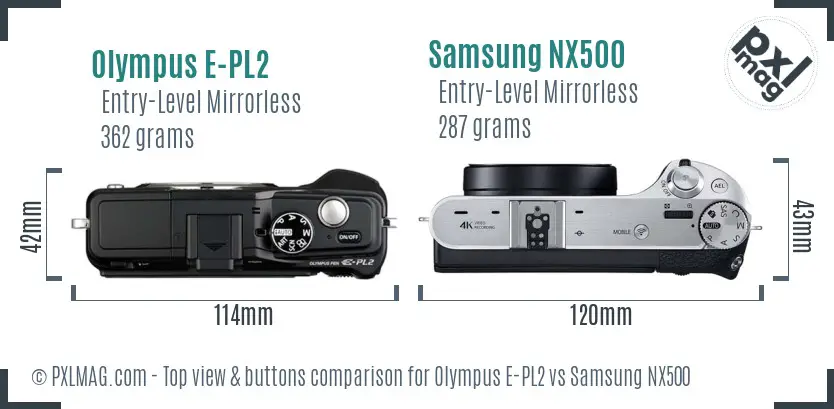 Olympus E-PL2 vs Samsung NX500 top view buttons comparison