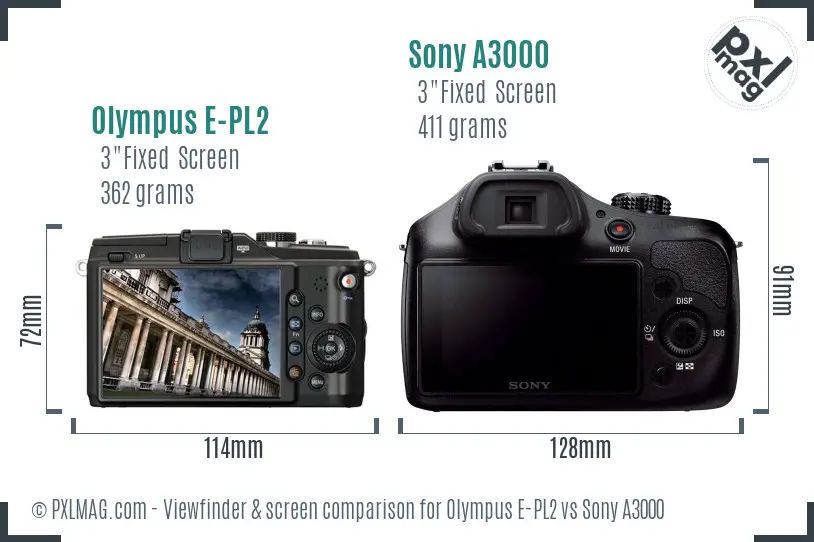 Olympus E-PL2 vs Sony A3000 Screen and Viewfinder comparison