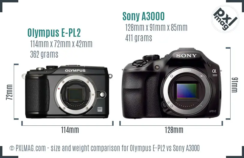 Olympus E-PL2 vs Sony A3000 size comparison
