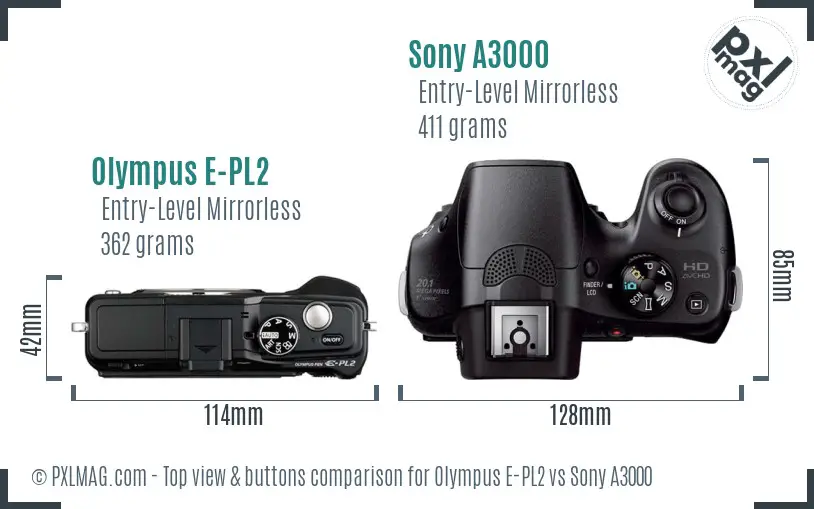 Olympus E-PL2 vs Sony A3000 top view buttons comparison