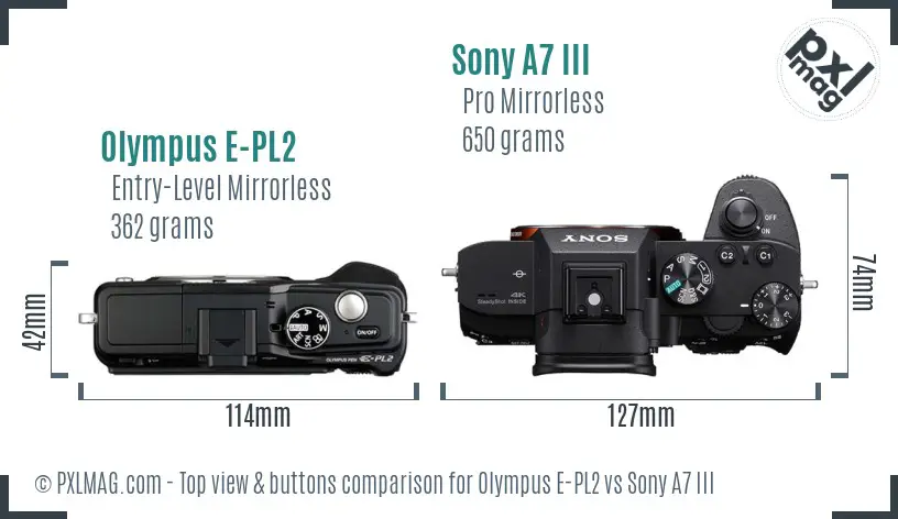 Olympus E-PL2 vs Sony A7 III top view buttons comparison