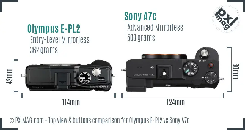 Olympus E-PL2 vs Sony A7c top view buttons comparison