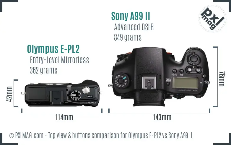 Olympus E-PL2 vs Sony A99 II top view buttons comparison
