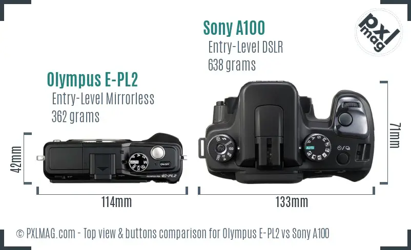 Olympus E-PL2 vs Sony A100 top view buttons comparison