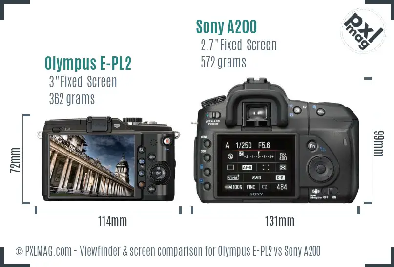 Olympus E-PL2 vs Sony A200 Screen and Viewfinder comparison