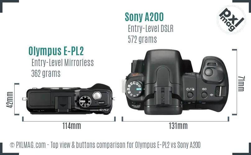 Olympus E-PL2 vs Sony A200 top view buttons comparison