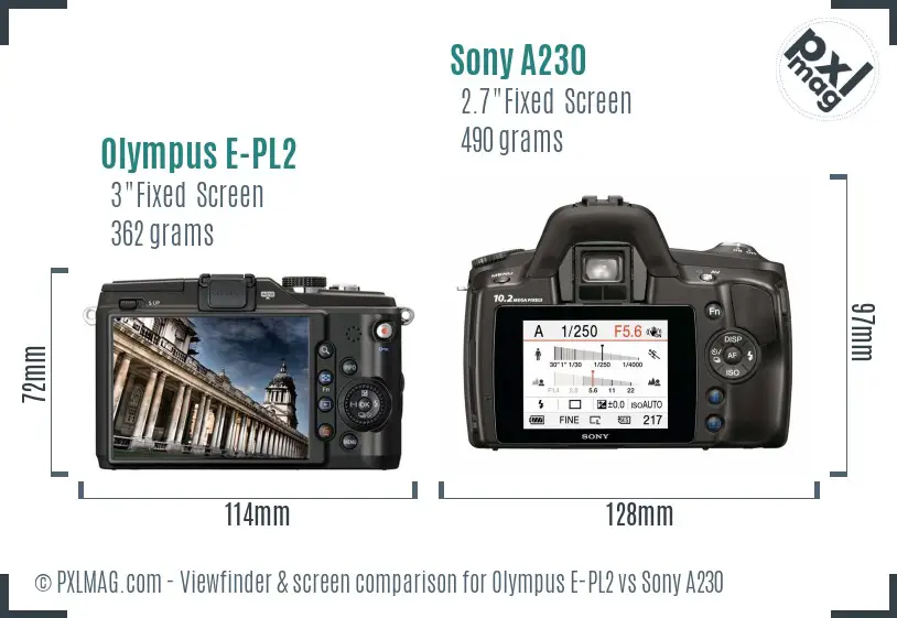 Olympus E-PL2 vs Sony A230 Screen and Viewfinder comparison
