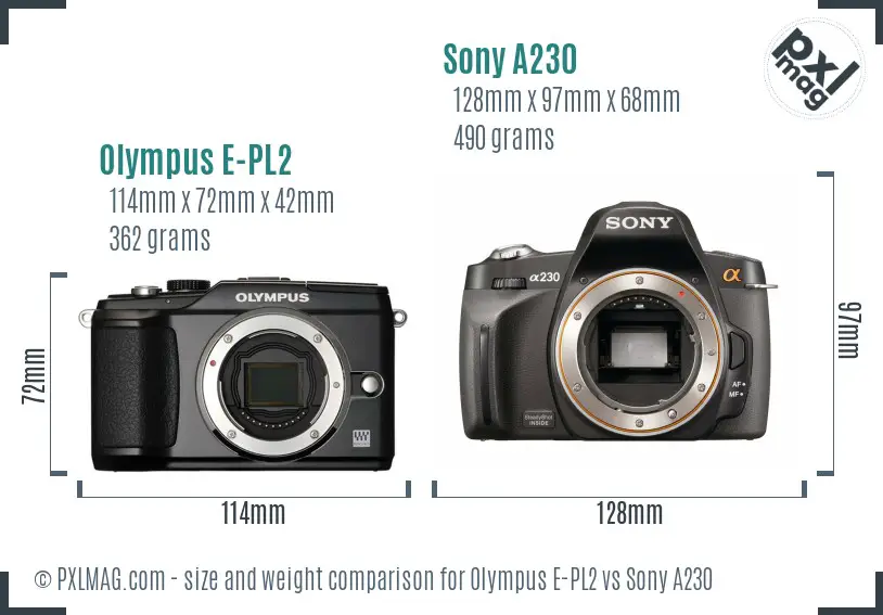 Olympus E-PL2 vs Sony A230 size comparison