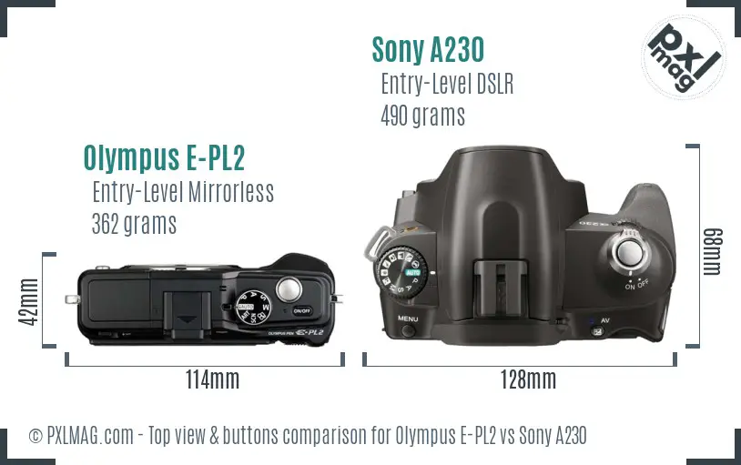 Olympus E-PL2 vs Sony A230 top view buttons comparison