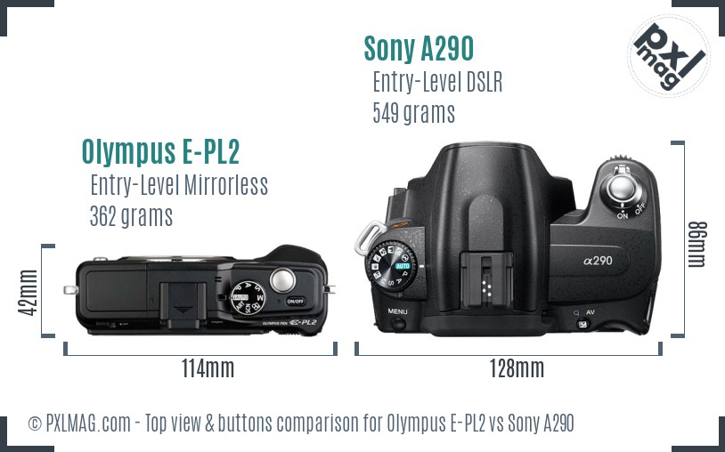 Olympus E-PL2 vs Sony A290 top view buttons comparison