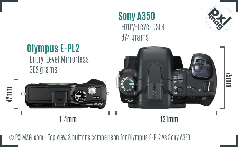 Olympus E-PL2 vs Sony A350 top view buttons comparison