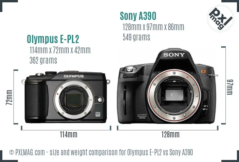 Olympus E-PL2 vs Sony A390 size comparison