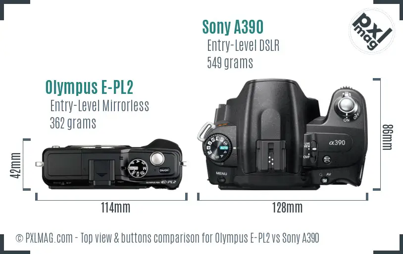 Olympus E-PL2 vs Sony A390 top view buttons comparison